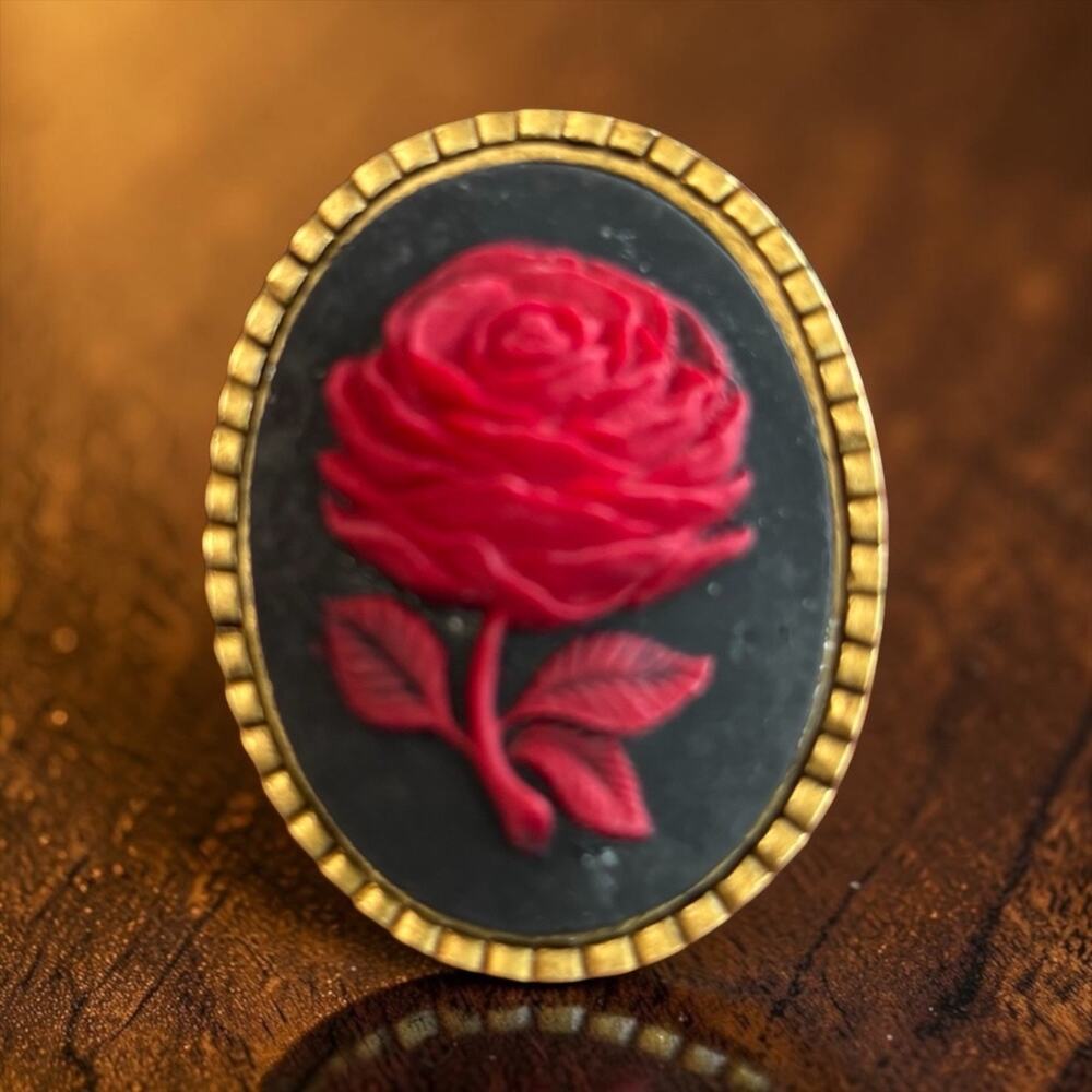 Velvet Red Rose Cameo Brooch Black Gold Gothic Romance Pin - Picture 6 of 8